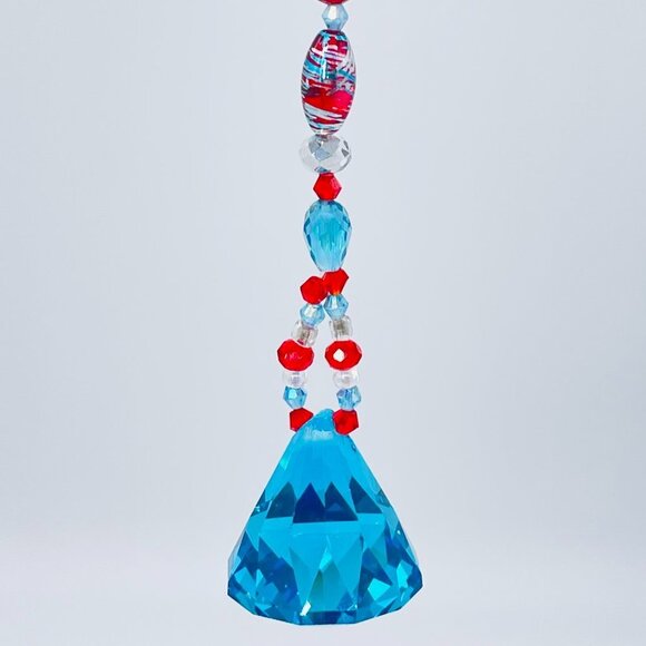 Beaded Suncatcher - Red Turquoise -Triangular Crystal Prism - Hanging Decor - Picture 5 of 16